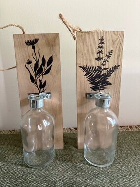 Cornflower & Fern 10” Wood Framed Clear Glass Bottle Wall Vases Set of 2 Boho